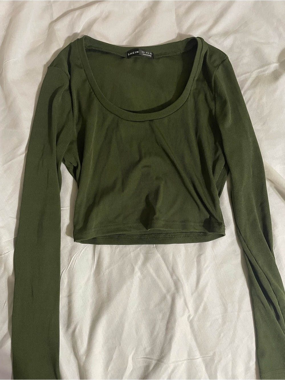 SHEIN Olive Green Ribbed Cropped Scoop Neck Long Sleeve Top